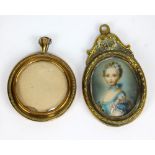 An unusual circular locket with hinged easel back, diameter 5.25cm and an oval portrait miniature in