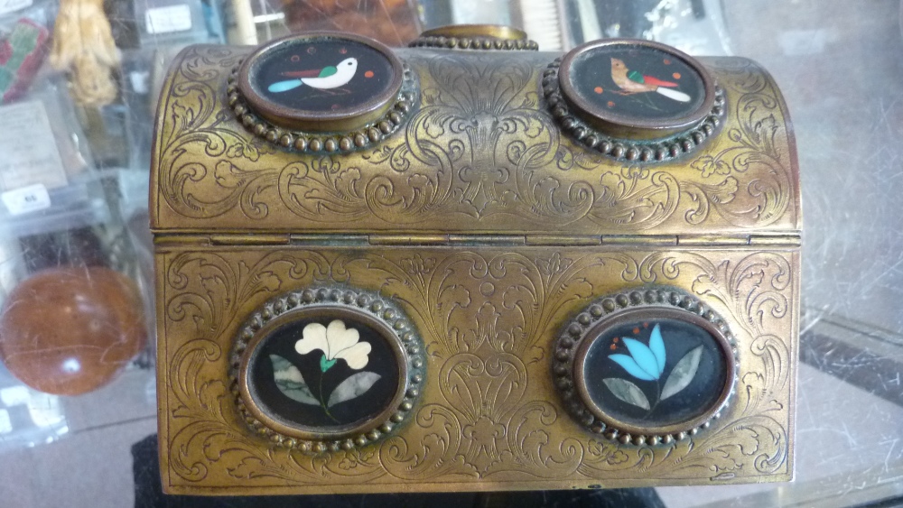 A 19th century engraved brass and pietra dura plaque mounted domed casket, overall set with thirteen - Image 10 of 11