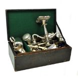 A mixed lot of electroplated items to include flatware, a twin branch candelabrum and three mugs,