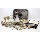 A group of silver plated items including sugar scuttles, fish slice, goblets, galleried tray, etc,