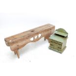 A rustic pine garden bench, width 102cm, and a green painted miniature sideboard, height 40cm (2).