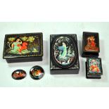 Four Russian lacquered boxes to include a large example painted with 'Princess Frog' scene by I