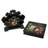 A Victorian papier-mâché desk stand with hand painted floral and mother of pearl inlaid