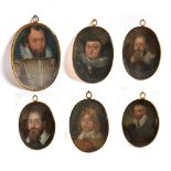 18TH CENTURY ENGLISH SCHOOL; a group of six oval family portrait miniatures, each painted in oils on