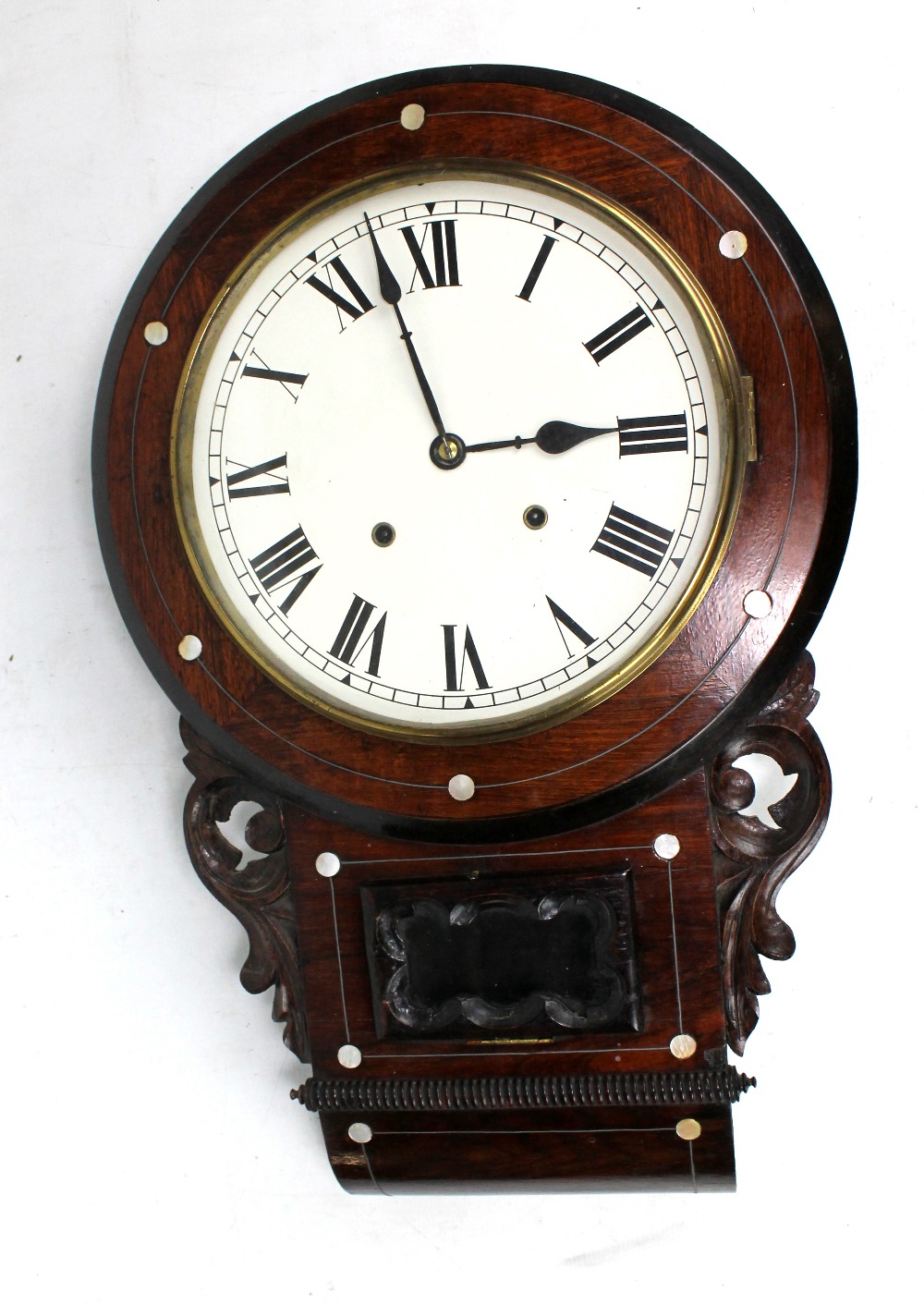 An early 19th century rosewood and mother of pearl inlaid eight day drop dial wall clock, the