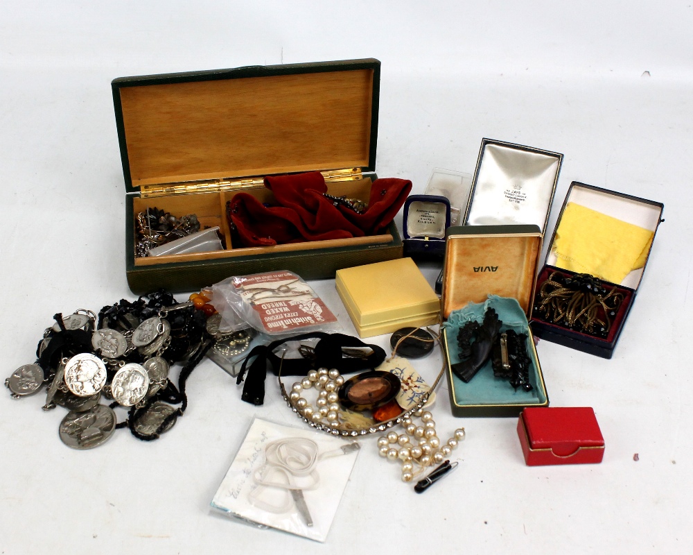 A mixed group of costume jewellery including Victorian mourning brooches, pair of screw back