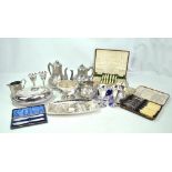 A mixed lot of electroplated items to include a four piece tea set, a rose bowl, various cased