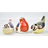 ROYAL CROWN DERBY; three bird paperweights with gold stoppers, boxed (one af). Additional