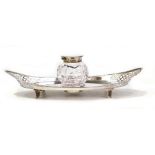 DOBSON & SONS; a Victorian hallmarked silver navette shaped inkstand with pierced sides and beaded