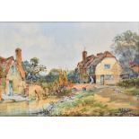 HENRY CHARLES FOX (1855-1929); watercolour, rural scene with river and cottages, signed to lower