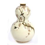YABU MEIZAN; a Japanese Satsuma double gourd vase decorated with three birds amongst a cherry tree