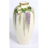 KINKOZAN; a Japanese Satsuma ovoid cream ground vase decorated with wisteria, impressed mark to