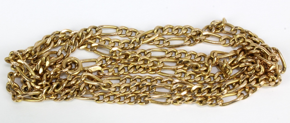 A 9ct yellow gold feather and curb link chain, length 70cm, approx 8.8g.