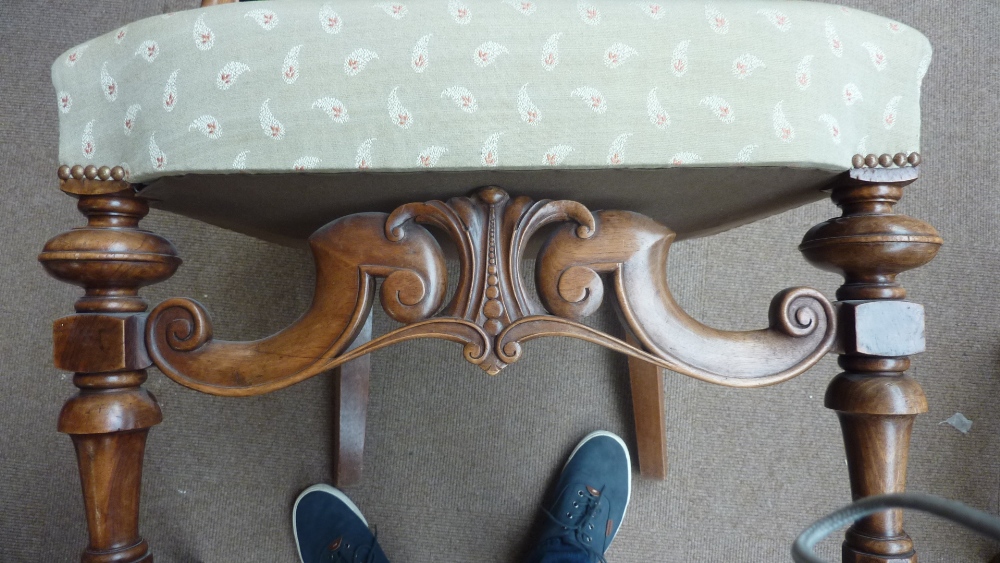 A William and Mary style walnut armchair, upholstered in paisley fabric, the scrolling arms above - Image 7 of 7