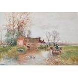 HENRY CHARLES FOX (1855-1929); watercolour, rural scene with pond, mill and horse with cart,