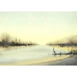 PETER TOMS; watercolour, 'Tidal Reaches', coastal scene with boats to background, signed and dated