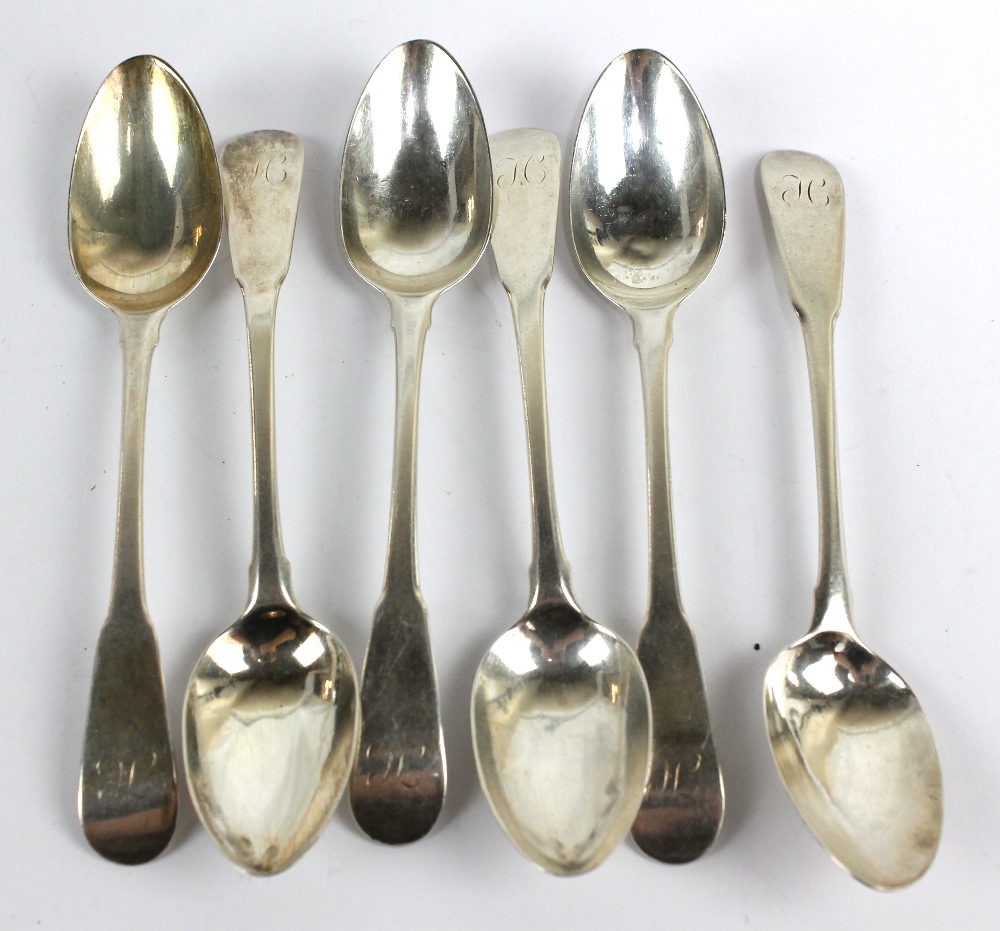 JOHN BOYER (possibly); a set of six George III hallmarked silver Fiddle pattern dessert spoons, each