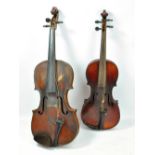 A full size violin, length of back 35cm, cased with bow (af), also a child's Stradivarius copy
