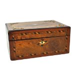 A Victorian walnut, parquetry and mother of pearl inlaid and brass mounted work box, width 28cm.