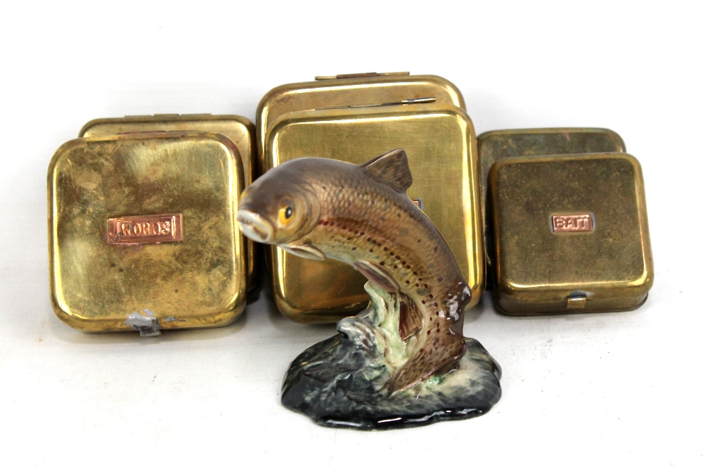 A set of six brass fishing bait tins with applied copper plaques variously inscribed 'Bait', 'Worms'