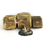 A set of six brass fishing bait tins with applied copper plaques variously inscribed 'Bait', 'Worms'