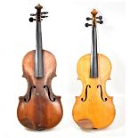 A full size German violin labelled 'Matthias Joannes Colditz', the one-piece back 36.4cm, also a