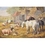 EDWARD BENJAMIN HERBERT (1857-1893); watercolour, farmyard scene with horses, pigs, cows and donkey,