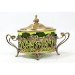 WMF; a small Art Nouveau silver plated twin handled oval dish with light green glass liner, width