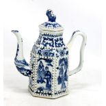 A Chinese porcelain wine ewer of hexagonal form painted in underglaze blue with panels featuring