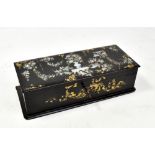 A Victorian papier-mâché and mother of pearl inlaid rectangular box with further gilt foliate