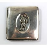 A silver plated cigarette case with embossed football player motif to centre, inscribed 'E.A