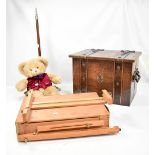 A mixed lot comprising a twin-handled copper bound log bin, a Mabef easel, a Harrods 1996 teddy bear