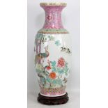 A large Chinese Republic period Famille Rose baluster vase with pink ground, neck and foot and