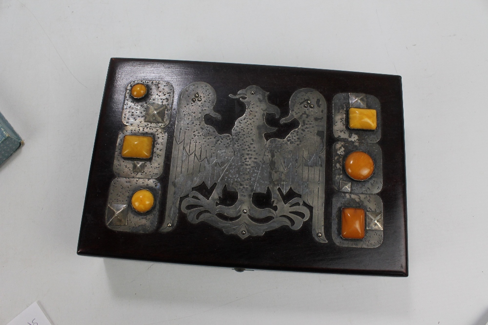 A Polish rectangular box, the lid decorated with metalwork and inset with Polish amber, width 24cm. - Image 2 of 2