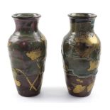 A pair of Japanese studio pottery baluster vases in multi-coloured drip glaze with applied bird