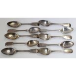 A group of Victorian hallmarked silver fiddle pattern spoons, Exeter, approx combined 12ozt.