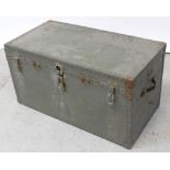 An early 20th century metal green painted travel trunk with stud decoration and leather carrying