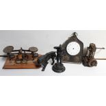 A small group of collectibles to include a pair of postal scales on oak base, a bronze lion,