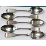 Five George hallmarked silver fiddle pattern table spoons, marks rubbed, approx combined 12.