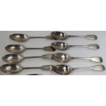 Eight George III and Victorian hallmarked silver fiddle pattern table spoons,