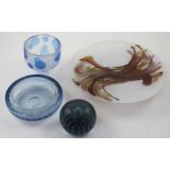 A small collection of studio glass to include a Karlin Rushbrooke studio glass charger,