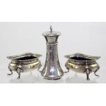 A pair of George V hallmarked silver trench salts, Mappin & Webb, London 1917 and a pepperette,