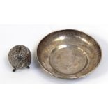 An Eastern white metal dish plus a Swami pepperette (2).