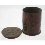 A Newland School tooled copper tea caddy with chased relief lid marked 'Tea',