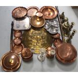 A quantity of mainly copper and brassware to include 19th century copper bed-warming pans,