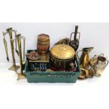 A quantity of mainly brass and copper ware to include a brass fender, companion sets, jugs, kettle,