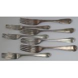 Seven George III hallmarked silver forks, two sizes, assayed London, various dates and makers,