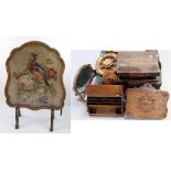 A group of wooden boxes and treen items to include an iron-bound small pine chest,