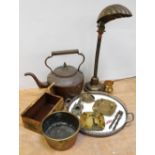 A vintage copper kettle, an Edwardian copper and brass Art Deco style shell desk lamp,