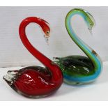 A pair of Murano glass swans, each with original crystal Murano Peruano stickers, one in green,